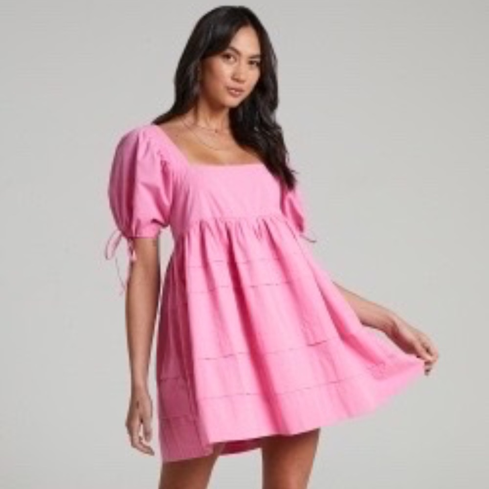 ELEUA PIN TUCK SHORT PUFF SLEEVE MINI DRESS IN PINK - SHOWPO